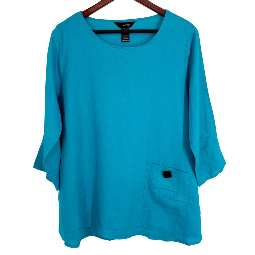 Ali Miles Sz Large 100% LINEN Teal Blue/Green Wearable Art Blouse Shirt Top